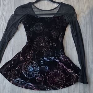 Small Adult Black Mesh Long-Sleeve Mini Figure Skating Dress Iridescent Sequin